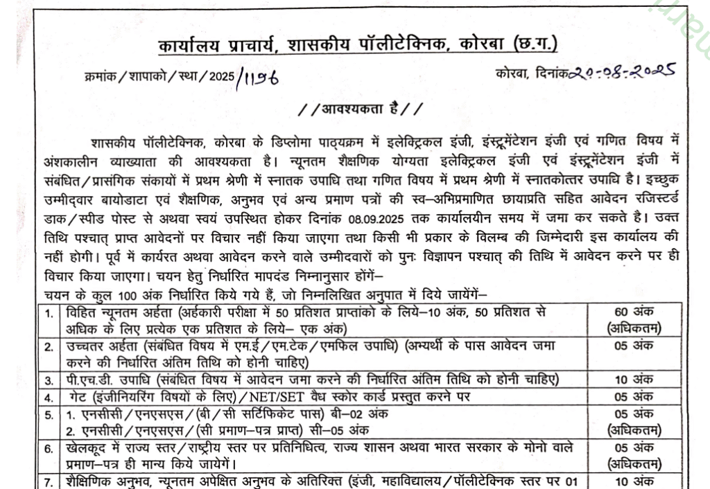 शासकीय पॉलीटेक्निक कोरबा भर्ती 2025 : सरकारी नौकरी का सुनहरा मौका 1 Government Polytechnic Korba Recruitment