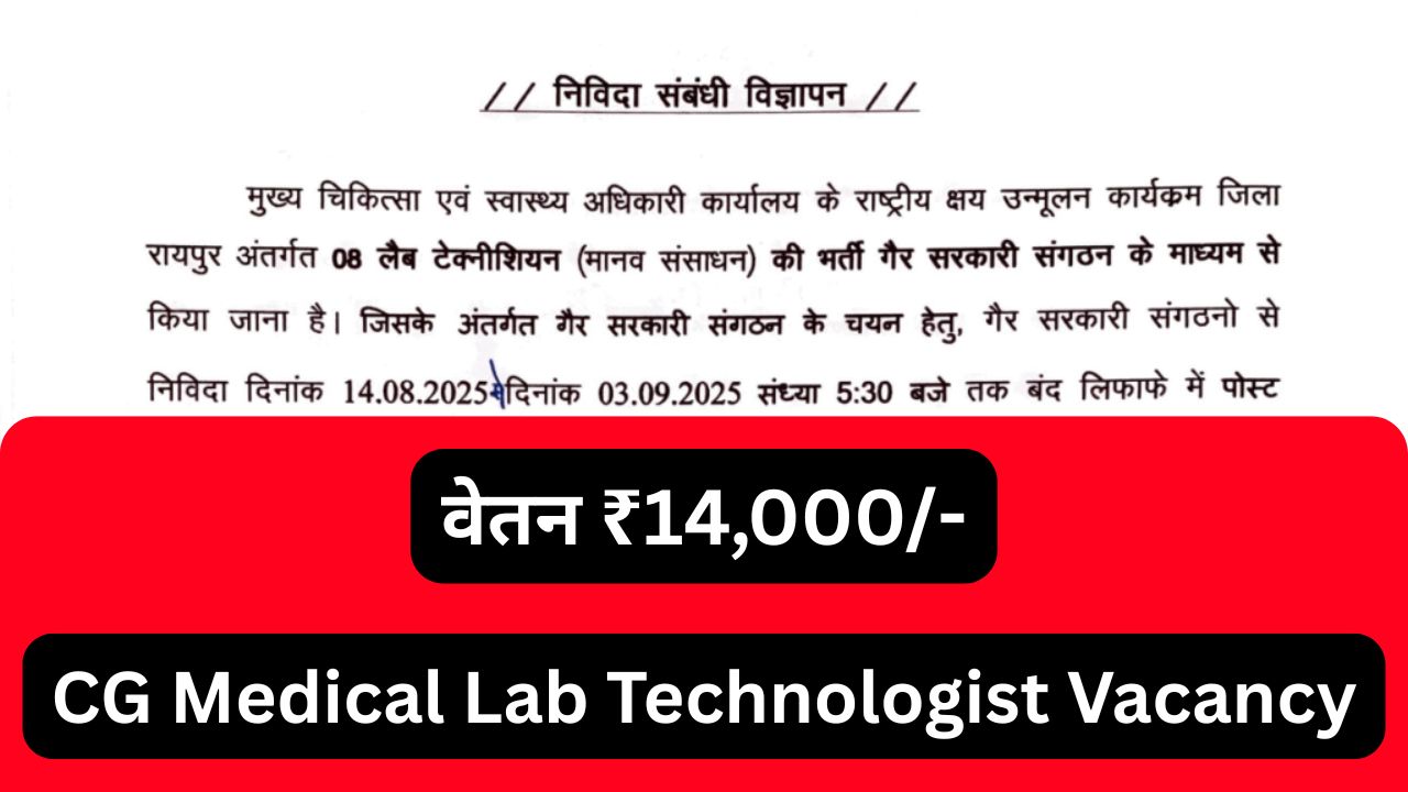 मुख्य चिकित्सा एवं स्वास्थ्य अधिकारी (CMHO) रायपुर ने प्रतिमाह ₹14,000/- वेतन की नौकरी निकाली 1 CG Medical Lab Technologist Vacancy 2025