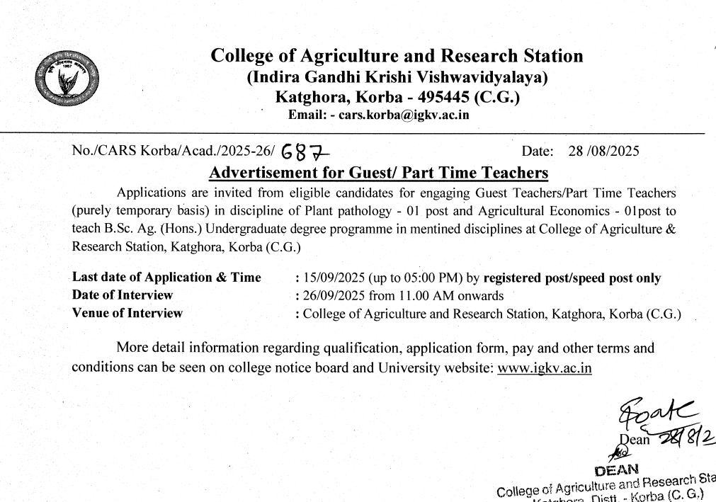 Krishi Mahavidyalaya & Research Center Korba Recruitment 2025