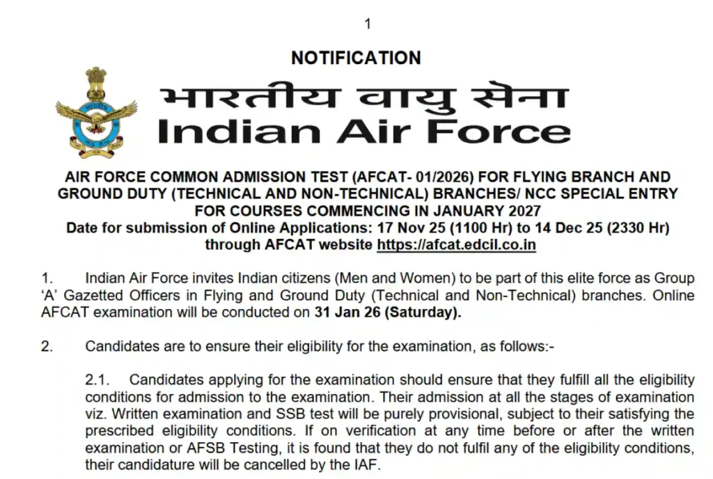 Indian Airforce AFCAT 012026 Recruitment 2025
